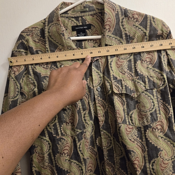 Men's Calvin Klein Shirt Large Green Long Sleeve Paisley Button Up Casual - Picture 9 of 14